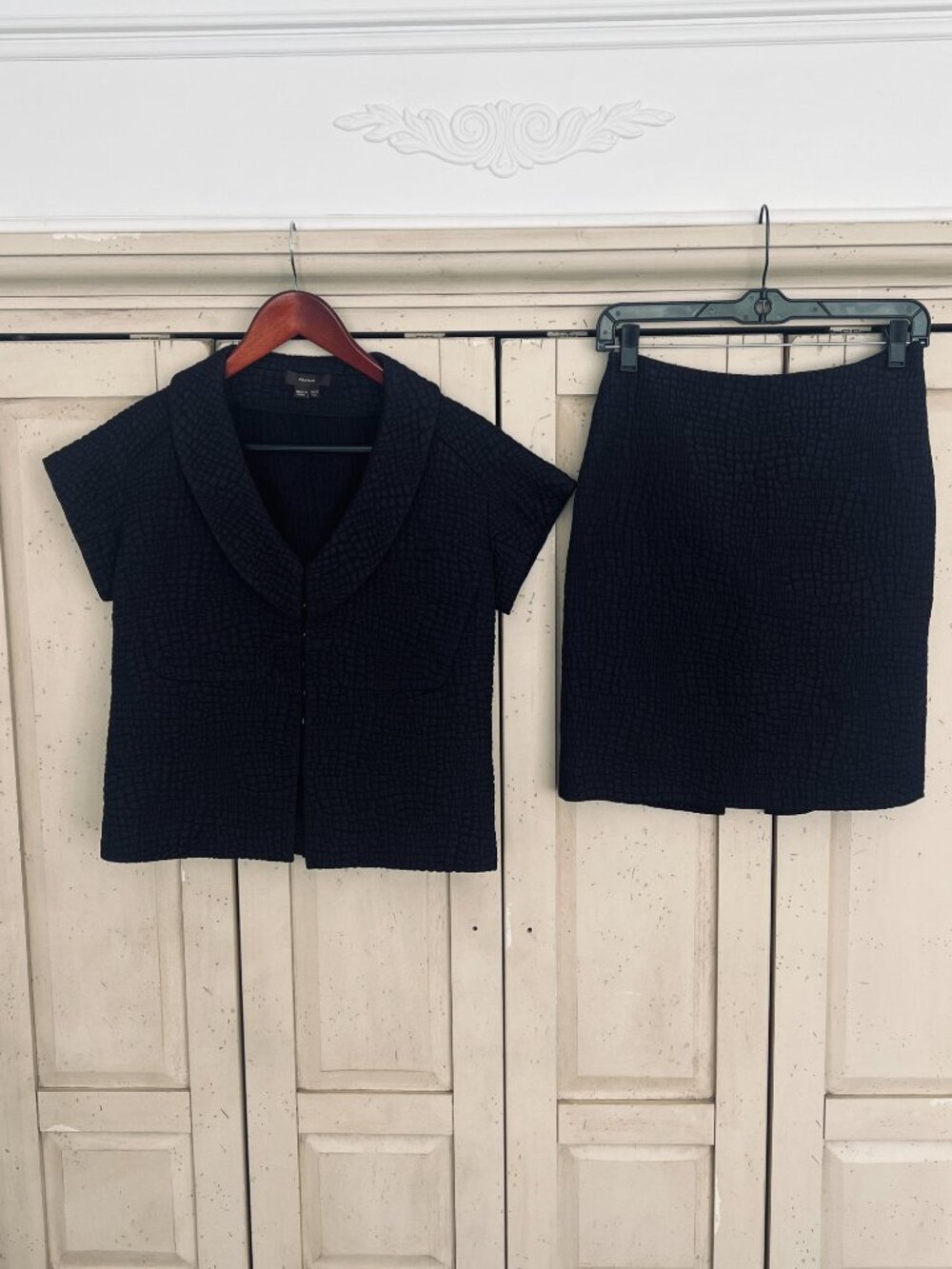 Vera Wang Collection Croc Matelassé Skirt Suit Shawl Collar Cap Sleeve Jacket 0